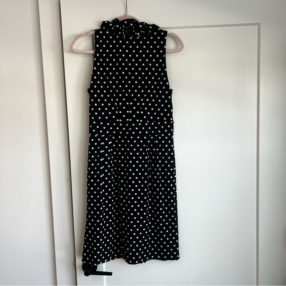 Taylor Sleeveless Black and White Polka Dot Ruffle Neck Dress - Picture 6 of 10